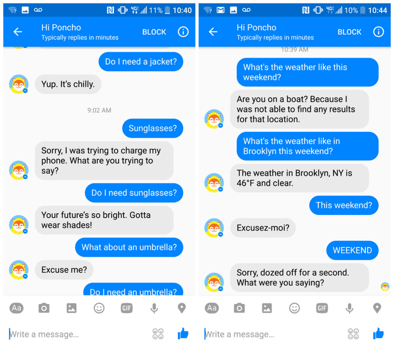 There will be no weather this weekend, apparently. (Screenshots via Facebook Messenger)
